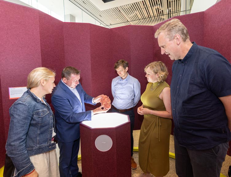 Five people stand around an illuminated display pedestal, closely examining a heart model inside Humanarium at RCSI with burgundy acoustic walls.