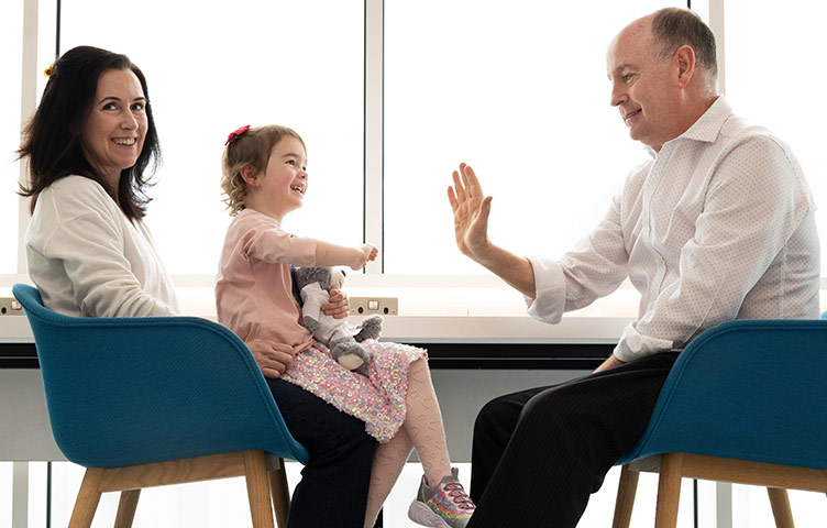 Monica Furlong and her daughter Eleanor pictured with Professor Jonathan Hourihane, Lead of the FLORAL study.