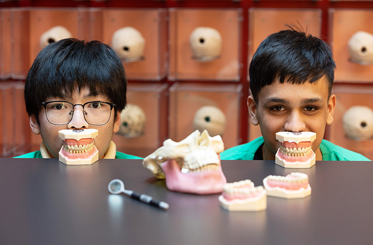 Two young people pose with moulds of teeth as part of the RCSI TY MiniHealthSciences programme
