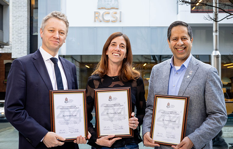 Winners of the Vice Chancellor Innovation Awards were (l-r) Professor Robert Byrne, winner of the Clinician Innovation Award; Dr Chiara de Santi, winner of the Industry Engagement Innovation Award and Dr Aamir Hameed, winner of the Commercialisation Innovation Award.