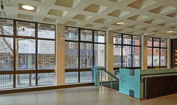 Building interior with decorative windows