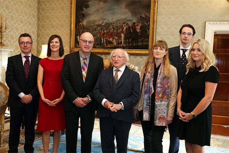 Professor John Laffey; Dr Claire McCoy; Professor Mark Ferguson, Director General of Science Foundation Ireland and Chief Scientific Adviser to the Government of Ireland; President Michael D. Higgins; Dr Christina Kiel; Dr Tomás Ryan; and Dr Lydia Lynch. 