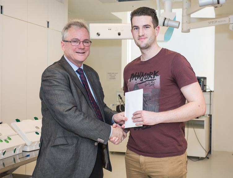 Professor Ronan O’Connell, Vice-President of RCSI, congratulates Ciarán Nannery from the University of Limerick who was the overall winner of the 2019 National Surgical Skills Competition