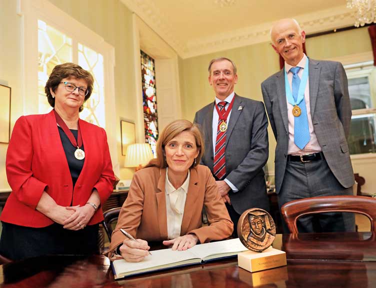 Prof. Hannah McGee, Dean of the Faculty of Medicine & Health Sciences, RCSI; Former US Ambassador to the UN Samantha Power; Kenneth Mealy, President of RCSI and Prof Cathal Kelly, RCSI.