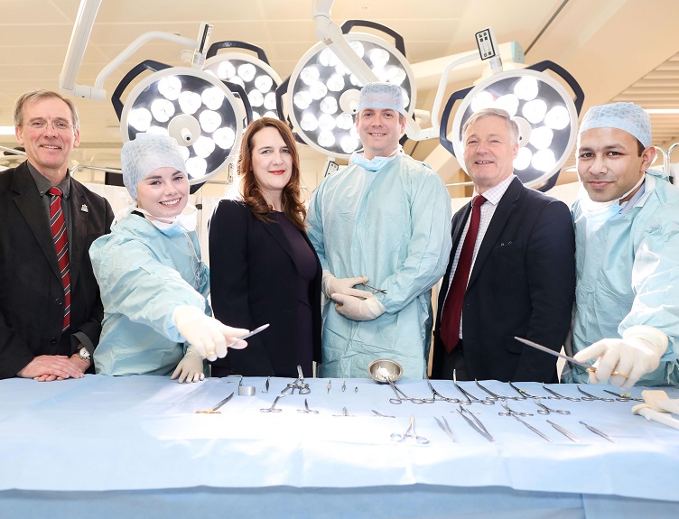Pictured (l-r) President of RCSI, Mr Kenneth Mealy; Sarah Shanahan, UCD medical student (second place); Ms Leonie Heskin Simulation Technology Development Lead in Postgraduate Surgical Education, RCSI; Michael Towers, RCSI medical student (third place); Prof Oscar Traynor, Professor of Postgraduate Surgical Education, RCSI and Abidur Rahman, medical student from Trinity College Dublin (first place)