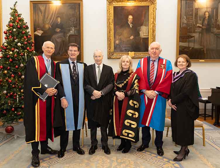 Pictured (l-r) are Professor Cathal Kelly, Vice Chancellor, RCSI; Mr William Grant, RCSI Class of 1984, FRCSI 1989; Vice Chancellor’s Outstanding Achievement Award recipient Professor Douglas Veale, RCSI Class of 1984; Professor Laura Viani, President, RCSI; Professor Gerry McElvaney, Head of School of Medicine, RCSI; and Aíne Gibbons, Director, Development, Alumni Relations, Fellows and Members, RCSI.