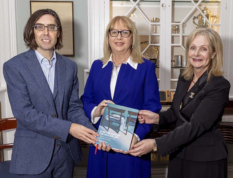Photo of Dr Ronan Kelly, author; Dr Mary McAleese, former President of Ireland; and Professor Laura Viani, President of RCSI at the launch of Every Branch of the Healing Art.