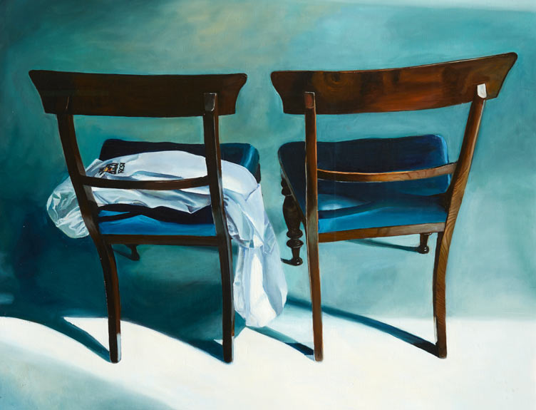 A painting of two surgical chairs with medical robe