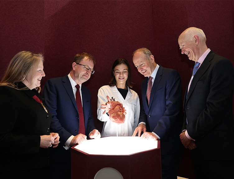 Taoiseach Micheál Martin and Minister James Lawless with Professor Cathal Kelly, Vice Chancellor of RCSI and Professor Deborah McNamara, President of RCSI and RCSI student Caoimhe Smith.