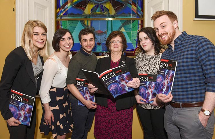 Jenna Geers, Director; Rachel Adilman, Senior Editor; Cameron Chalker, Assistant Peer Review Director; Professor Hannah McGee; Suzanne Murphy, Editor in Chief; and David Maj, Peer Review Director photographed at the RCSI SMJ launch at the Albert Lecture Theatre, RCSI.
