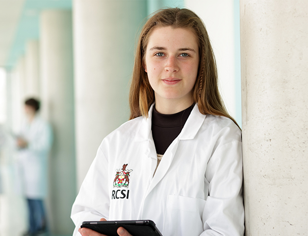 RCSI student in lab coat