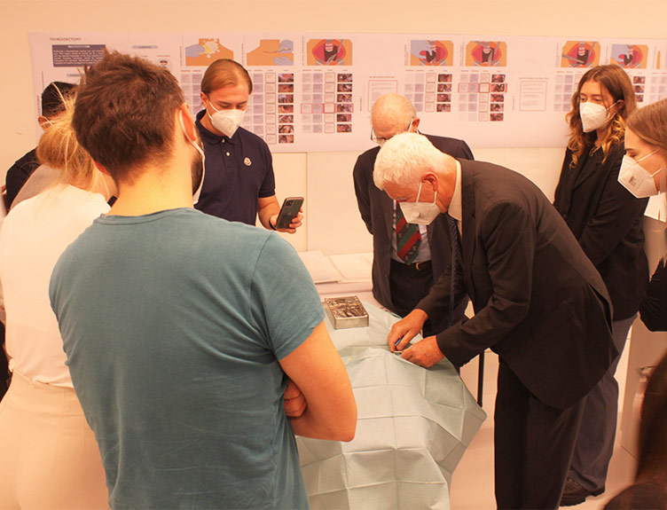 Mr Tom Gorey operating on one of the simulated task trainers and Mr Brian Lane watching