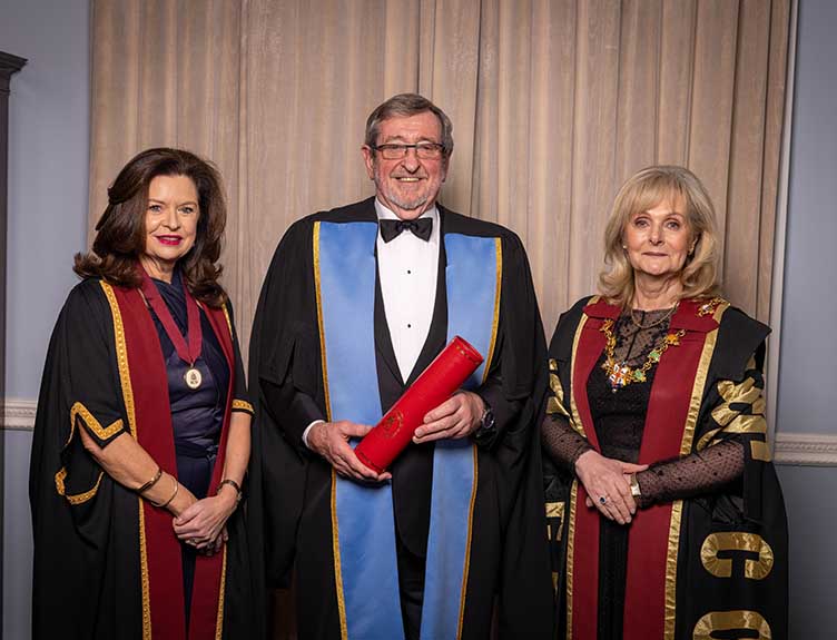 Citation reader Ms Margaret O’Donnell, RCSI Council Member;  Honorary Fellowship recipient Michael Dowling, President and CEO of Northwell Health;  and Professor Laura Viani, RCSI President